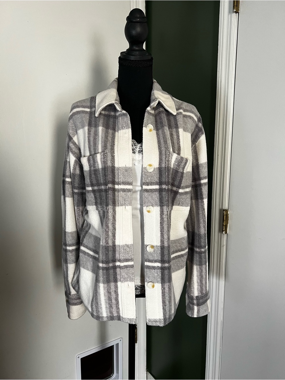 American Eagle Outfitters Gray and White Plaid Button-Up Shacket
